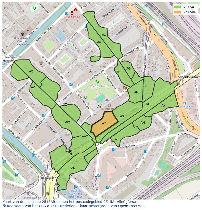 Afbeelding van het postcodegebied 2515 AR op de kaart.