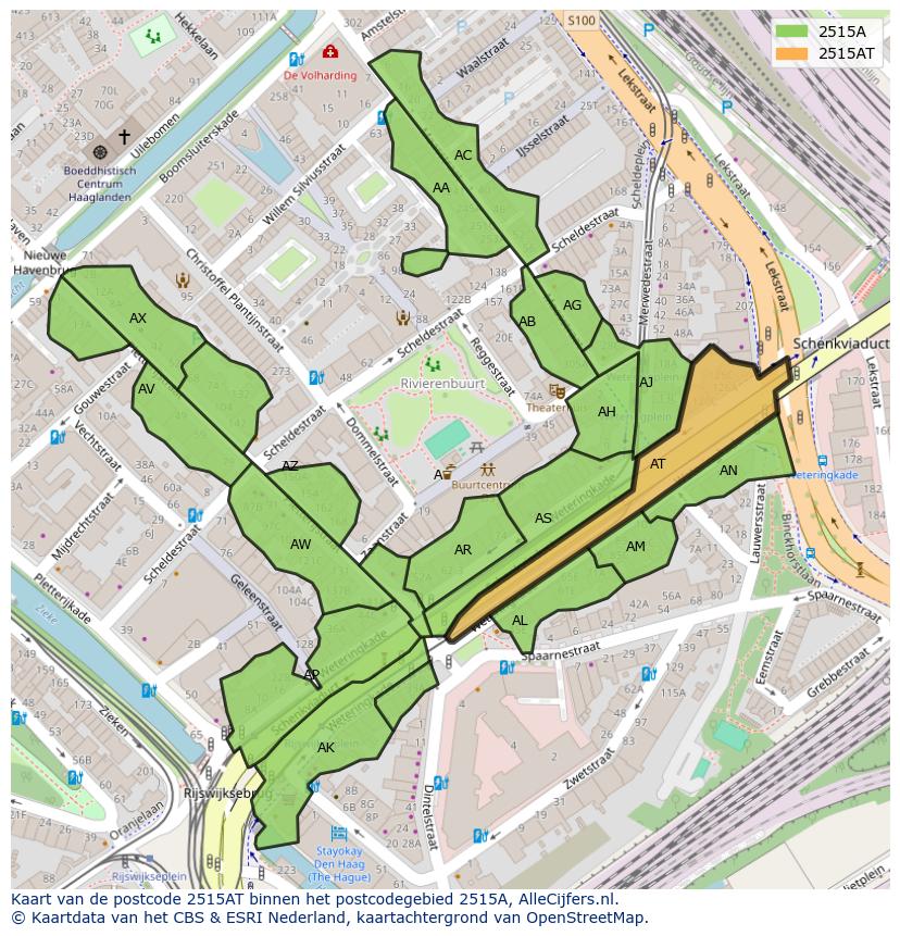 Afbeelding van het postcodegebied 2515 AT op de kaart.