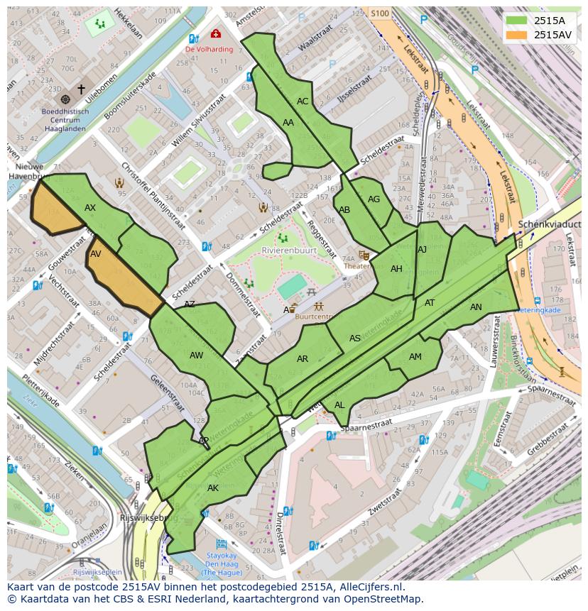 Afbeelding van het postcodegebied 2515 AV op de kaart.