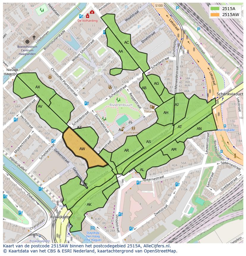 Afbeelding van het postcodegebied 2515 AW op de kaart.