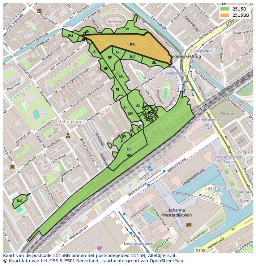 Afbeelding van het postcodegebied 2515 BB op de kaart.