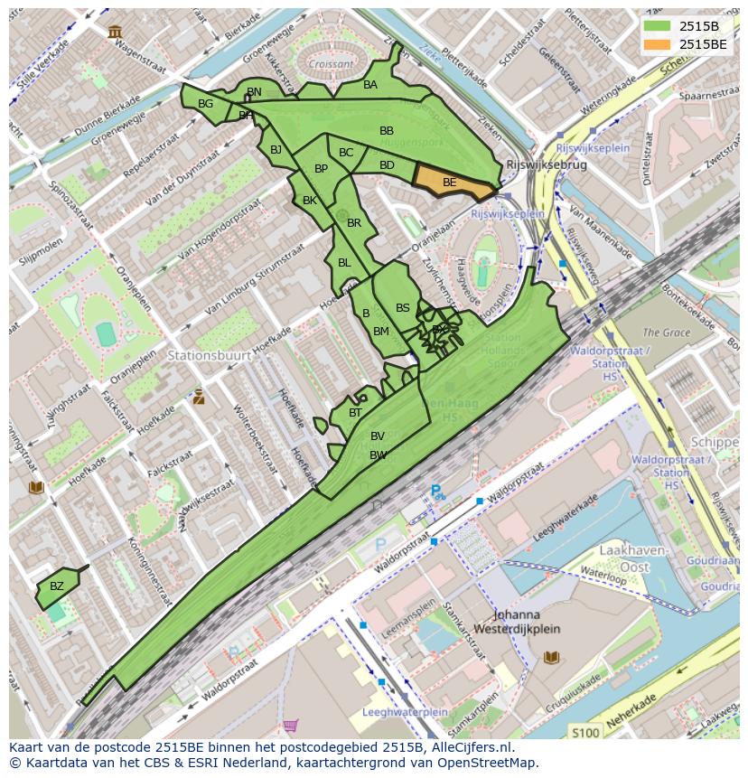 Afbeelding van het postcodegebied 2515 BE op de kaart.