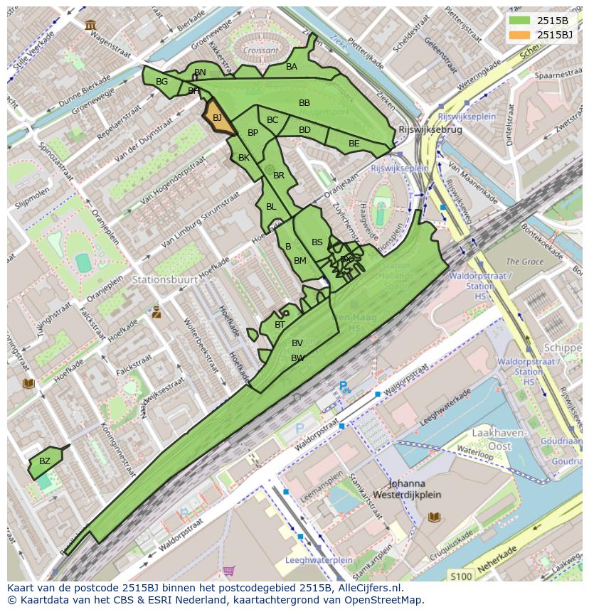 Afbeelding van het postcodegebied 2515 BJ op de kaart.