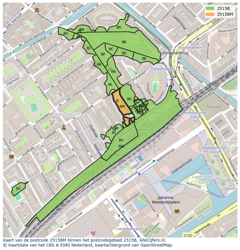 Afbeelding van het postcodegebied 2515 BM op de kaart.