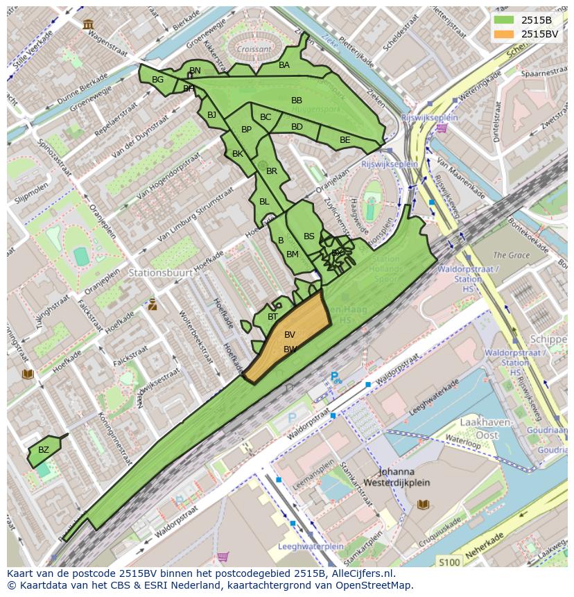 Afbeelding van het postcodegebied 2515 BV op de kaart.