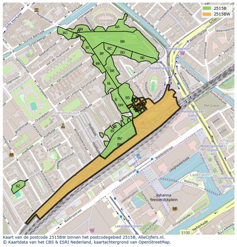 Afbeelding van het postcodegebied 2515 BW op de kaart.