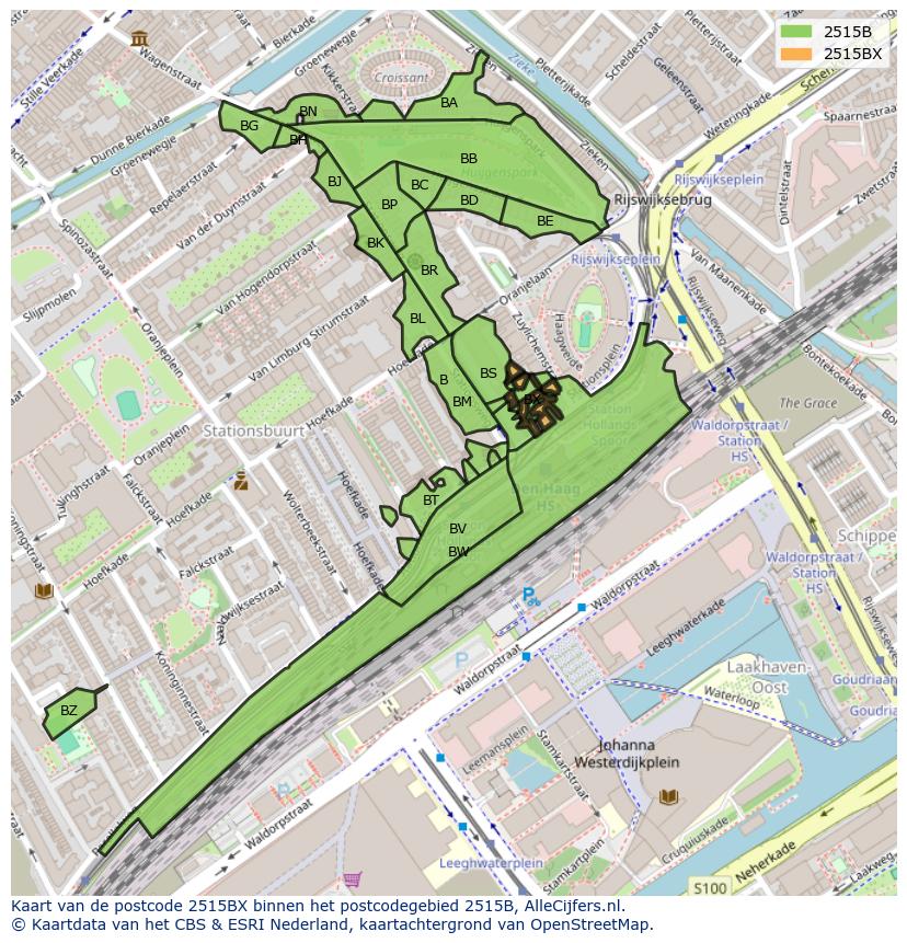 Afbeelding van het postcodegebied 2515 BX op de kaart.