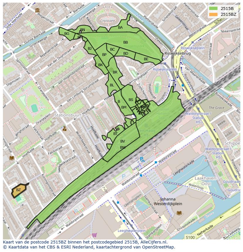 Afbeelding van het postcodegebied 2515 BZ op de kaart.