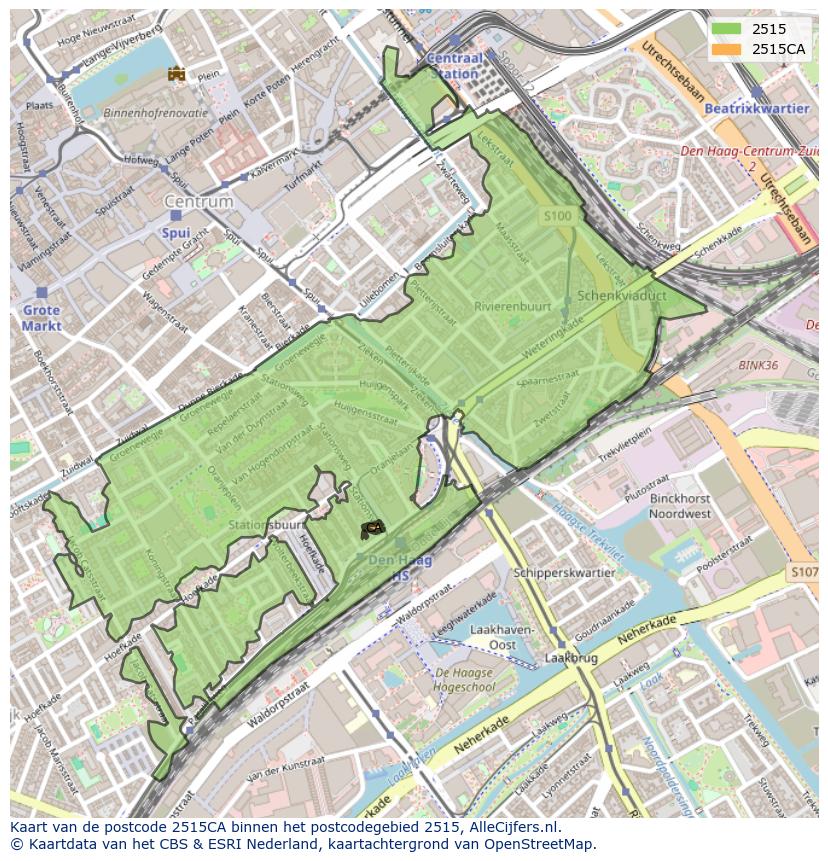 Afbeelding van het postcodegebied 2515 CA op de kaart.