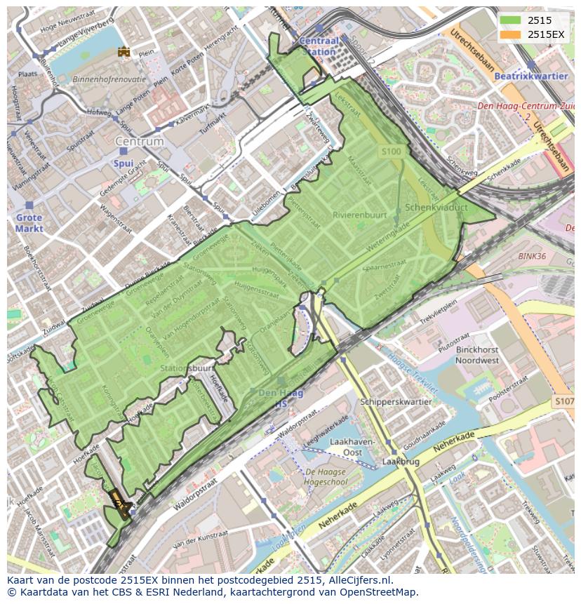 Afbeelding van het postcodegebied 2515 EX op de kaart.