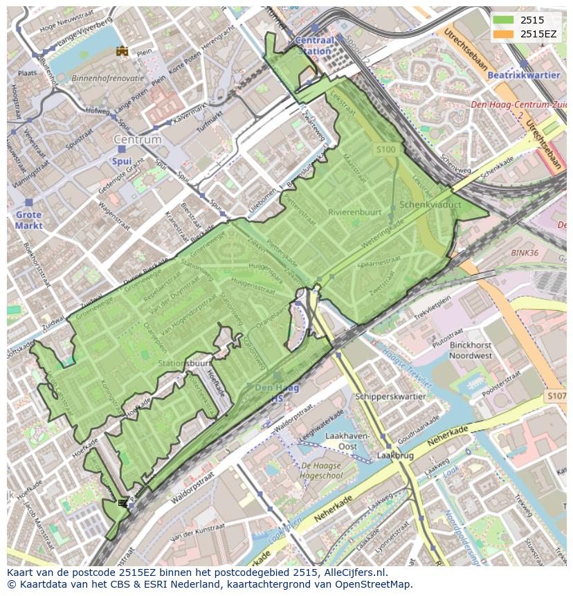 Afbeelding van het postcodegebied 2515 EZ op de kaart.