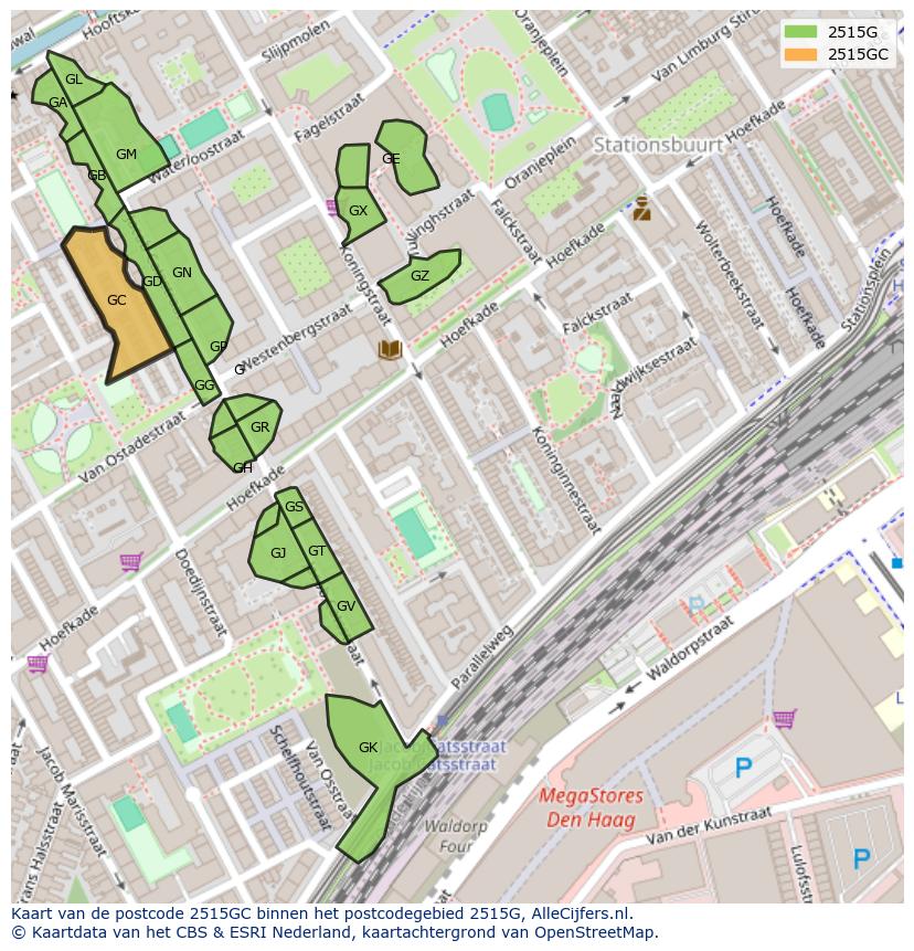 Afbeelding van het postcodegebied 2515 GC op de kaart.