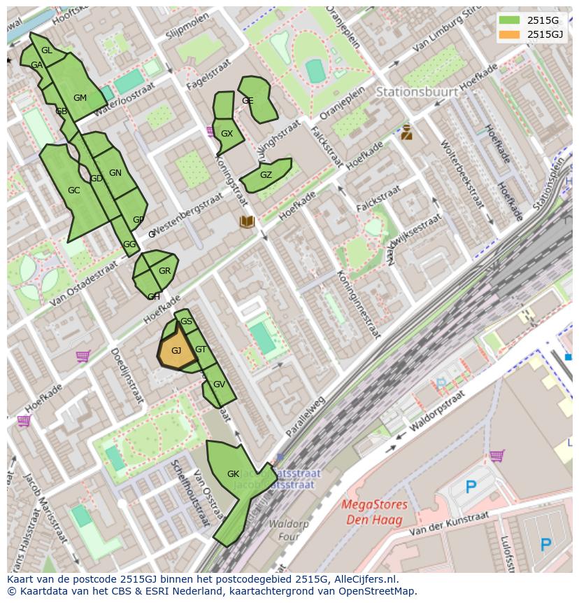 Afbeelding van het postcodegebied 2515 GJ op de kaart.