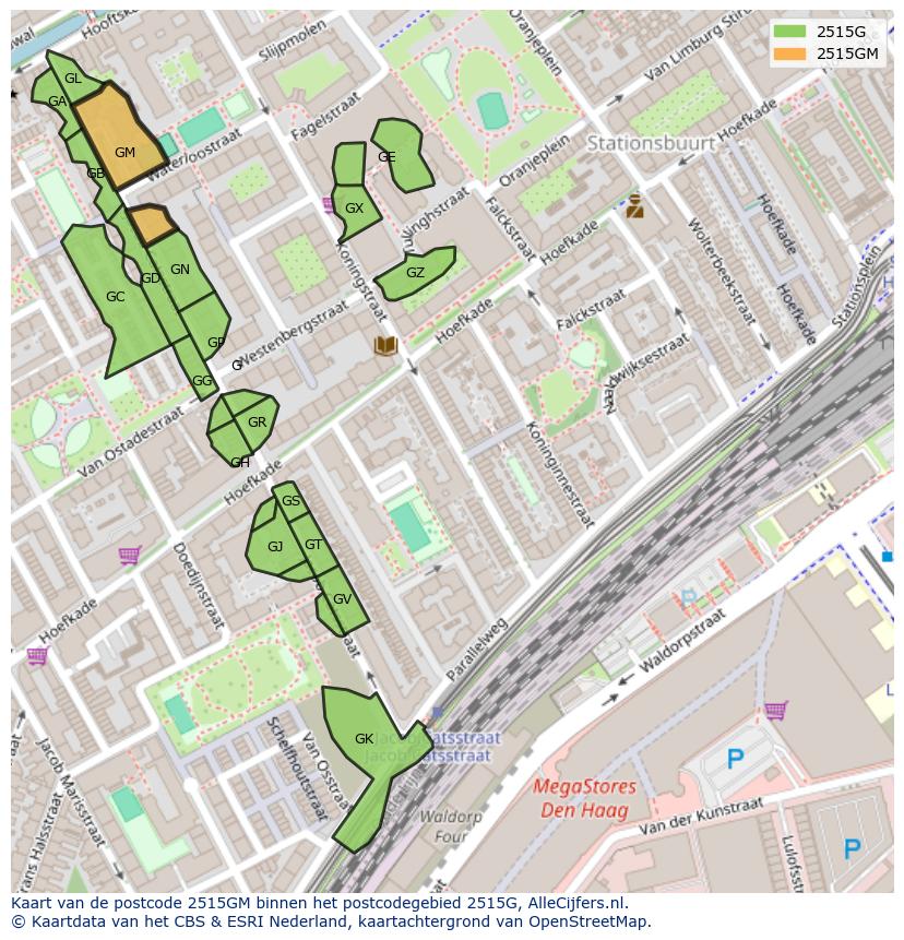 Afbeelding van het postcodegebied 2515 GM op de kaart.
