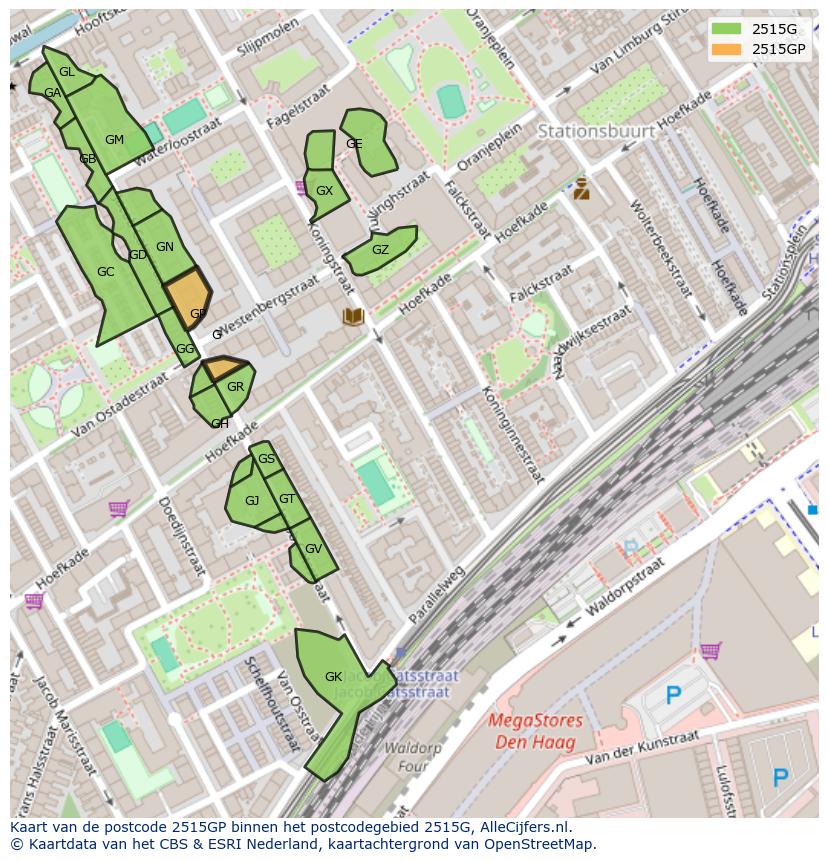 Afbeelding van het postcodegebied 2515 GP op de kaart.