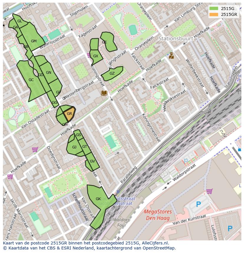 Afbeelding van het postcodegebied 2515 GR op de kaart.