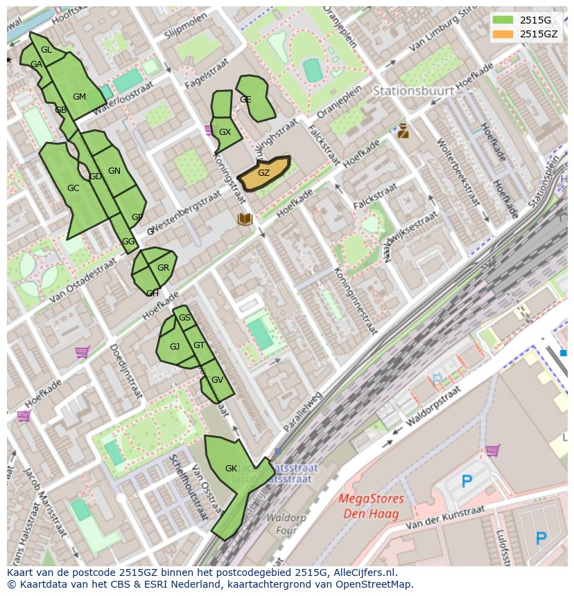 Afbeelding van het postcodegebied 2515 GZ op de kaart.