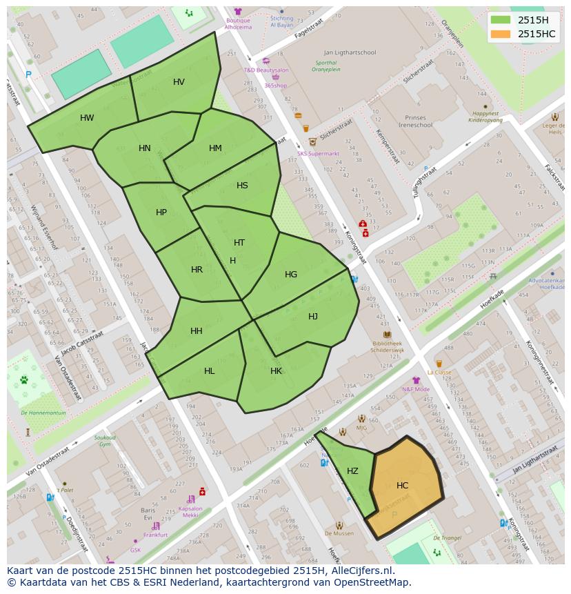 Afbeelding van het postcodegebied 2515 HC op de kaart.