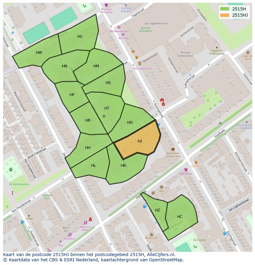 Afbeelding van het postcodegebied 2515 HJ op de kaart.