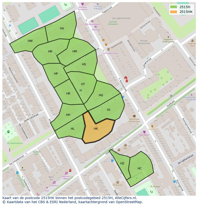 Afbeelding van het postcodegebied 2515 HK op de kaart.