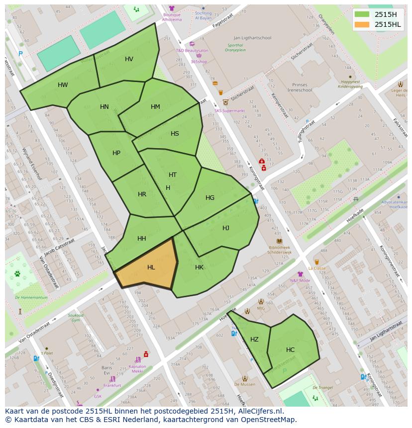 Afbeelding van het postcodegebied 2515 HL op de kaart.