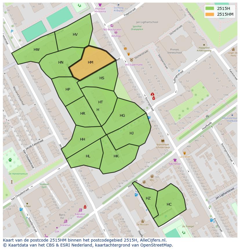Afbeelding van het postcodegebied 2515 HM op de kaart.