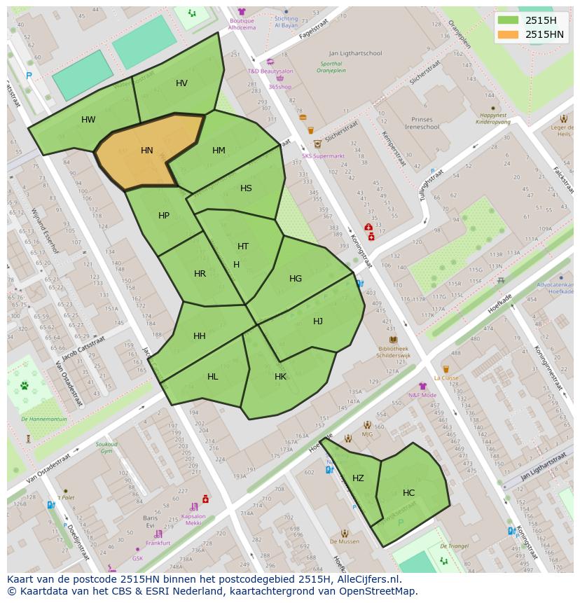 Afbeelding van het postcodegebied 2515 HN op de kaart.