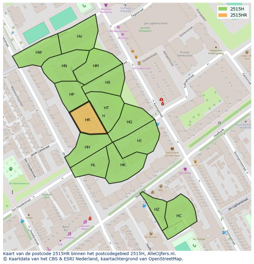 Afbeelding van het postcodegebied 2515 HR op de kaart.