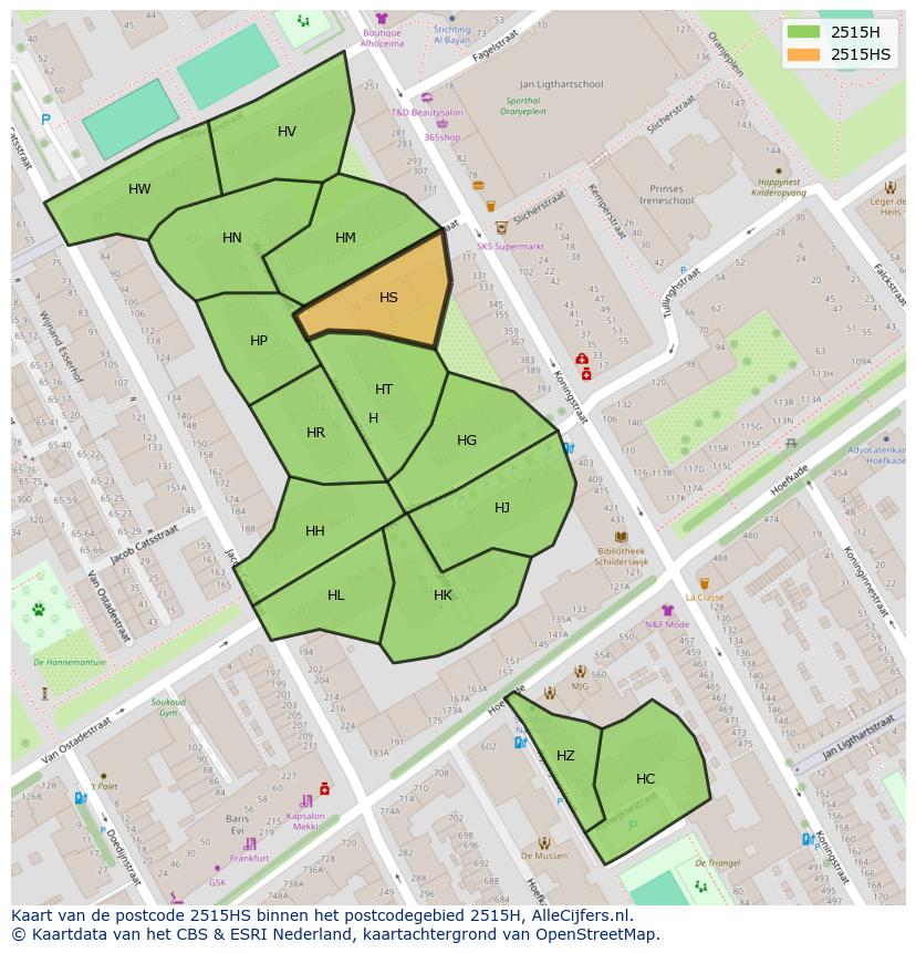 Afbeelding van het postcodegebied 2515 HS op de kaart.