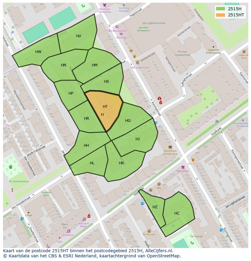 Afbeelding van het postcodegebied 2515 HT op de kaart.