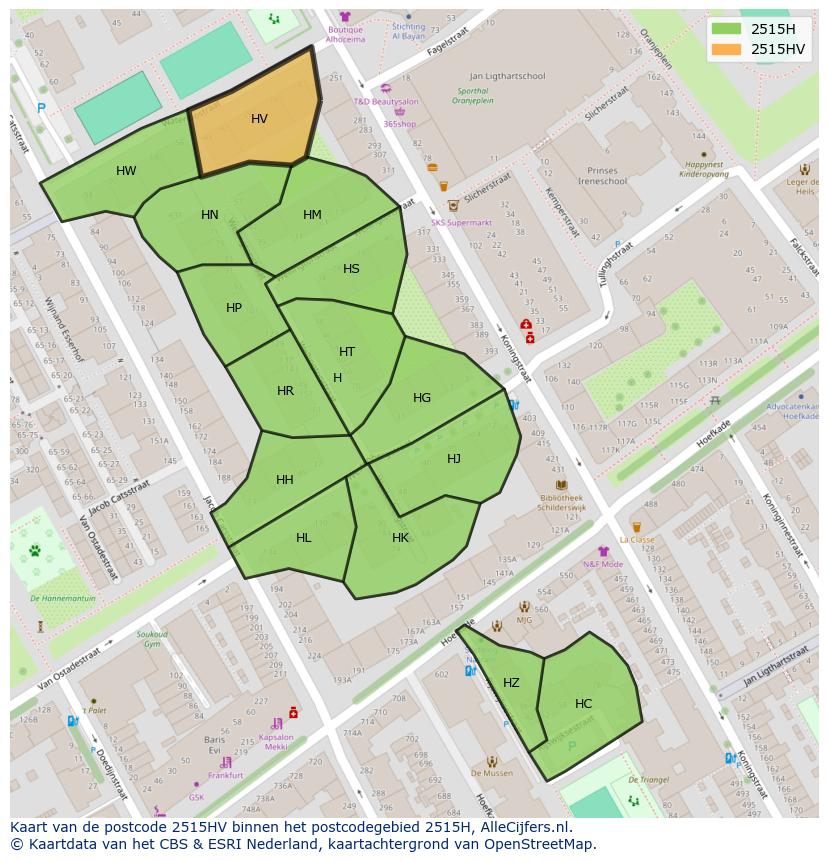 Afbeelding van het postcodegebied 2515 HV op de kaart.