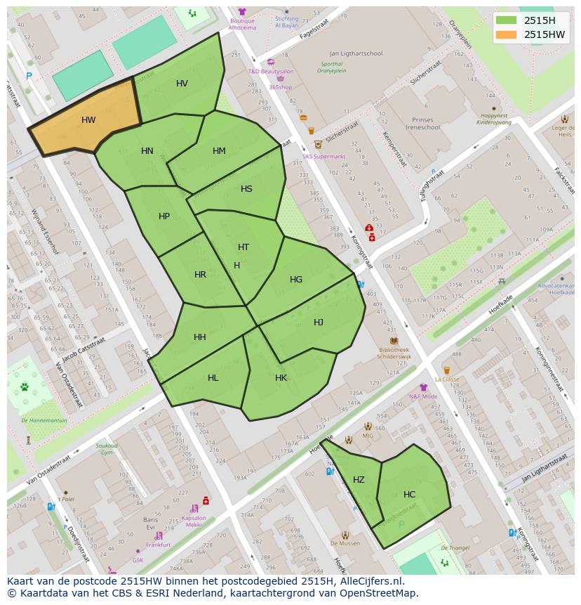 Afbeelding van het postcodegebied 2515 HW op de kaart.