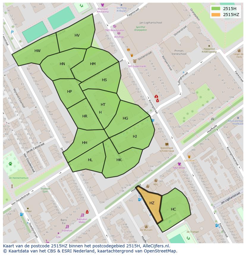 Afbeelding van het postcodegebied 2515 HZ op de kaart.