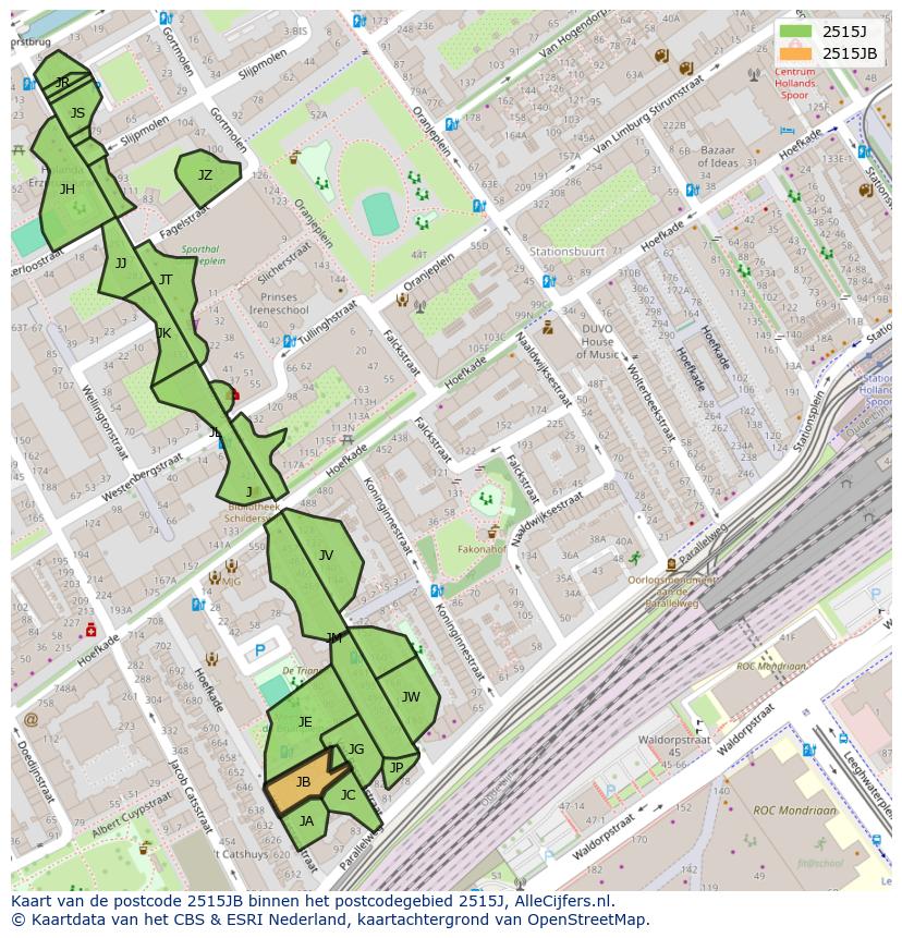 Afbeelding van het postcodegebied 2515 JB op de kaart.
