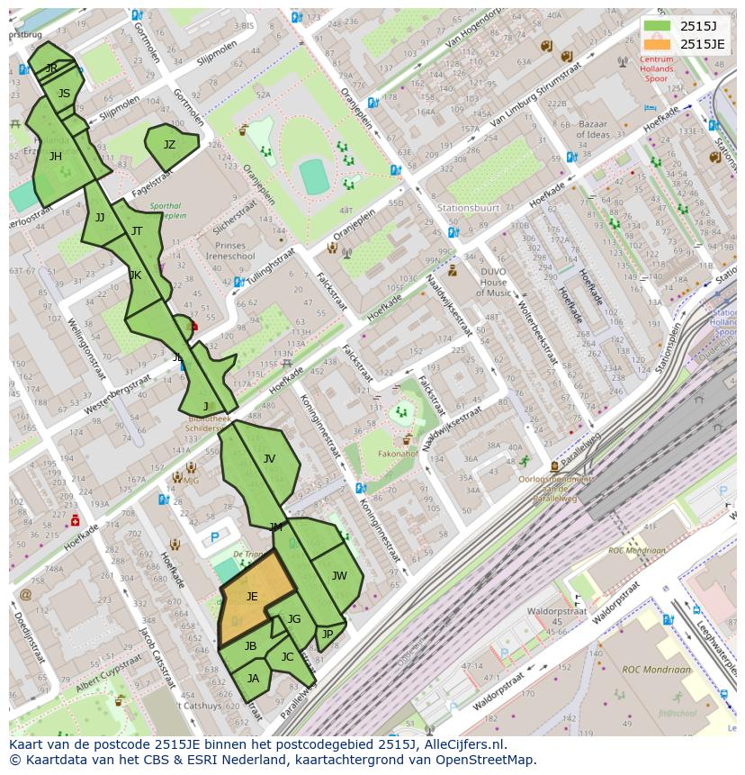 Afbeelding van het postcodegebied 2515 JE op de kaart.