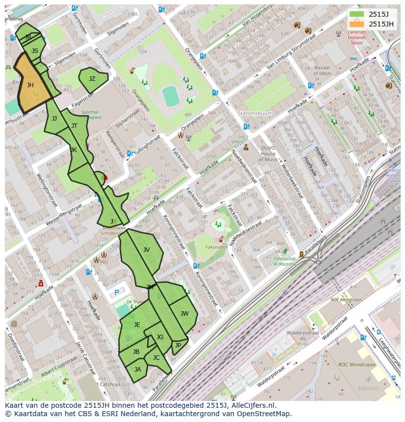Afbeelding van het postcodegebied 2515 JH op de kaart.
