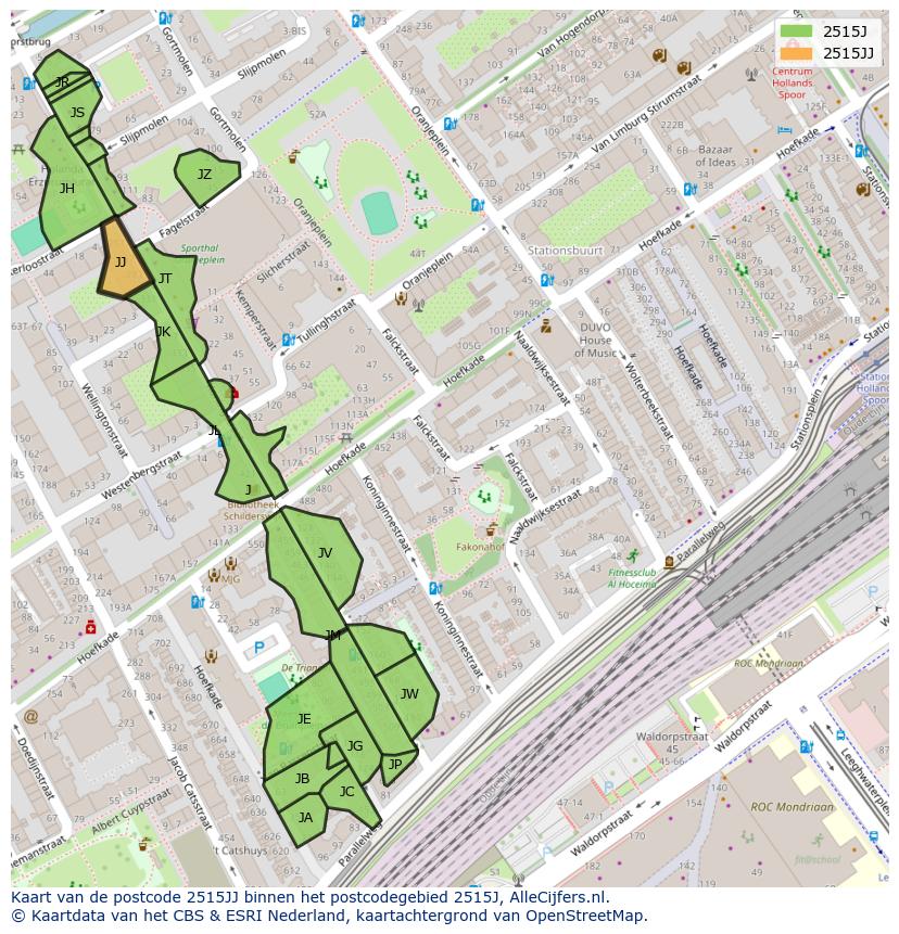 Afbeelding van het postcodegebied 2515 JJ op de kaart.