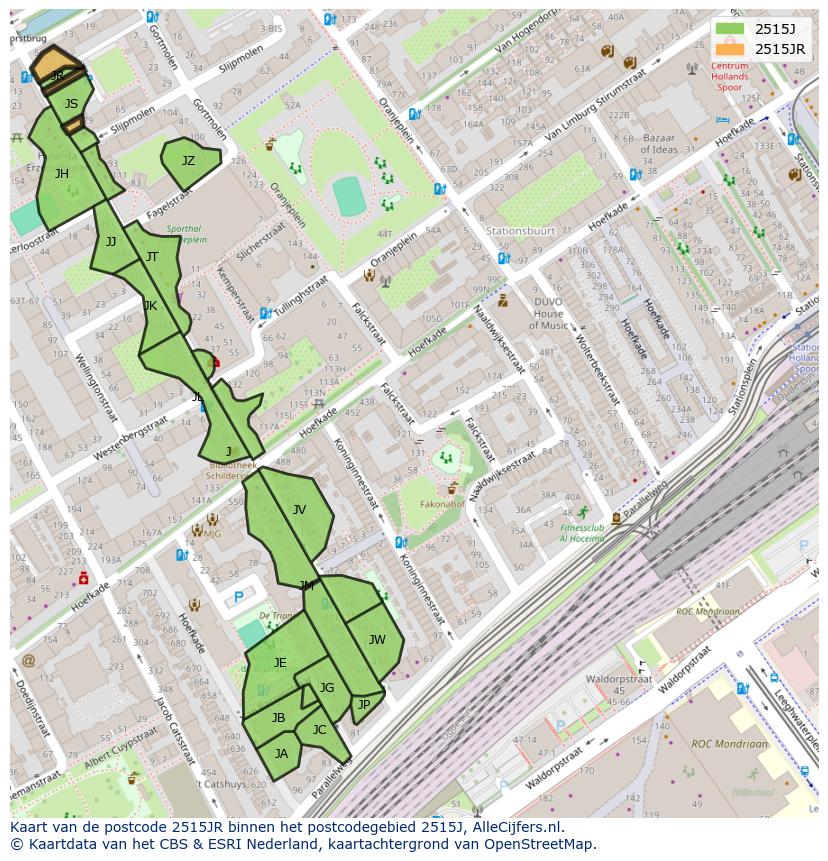 Afbeelding van het postcodegebied 2515 JR op de kaart.