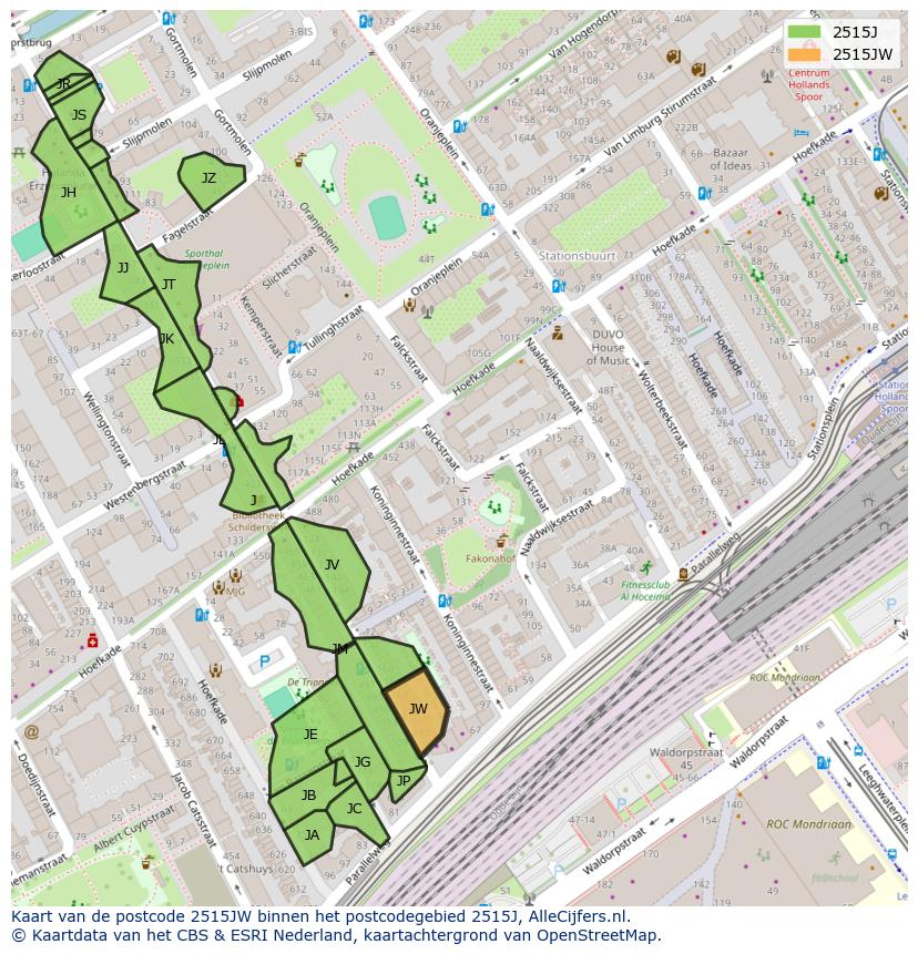 Afbeelding van het postcodegebied 2515 JW op de kaart.