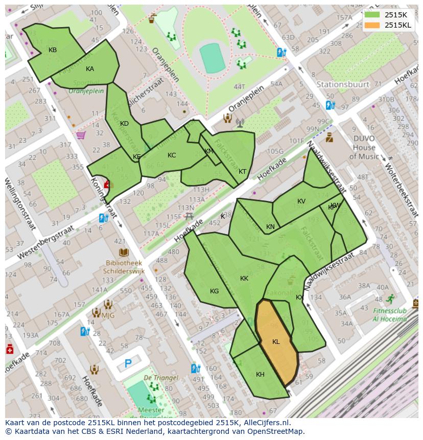 Afbeelding van het postcodegebied 2515 KL op de kaart.