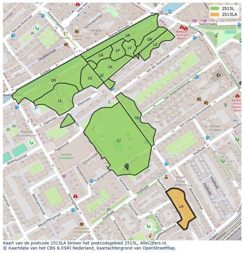 Afbeelding van het postcodegebied 2515 LA op de kaart.