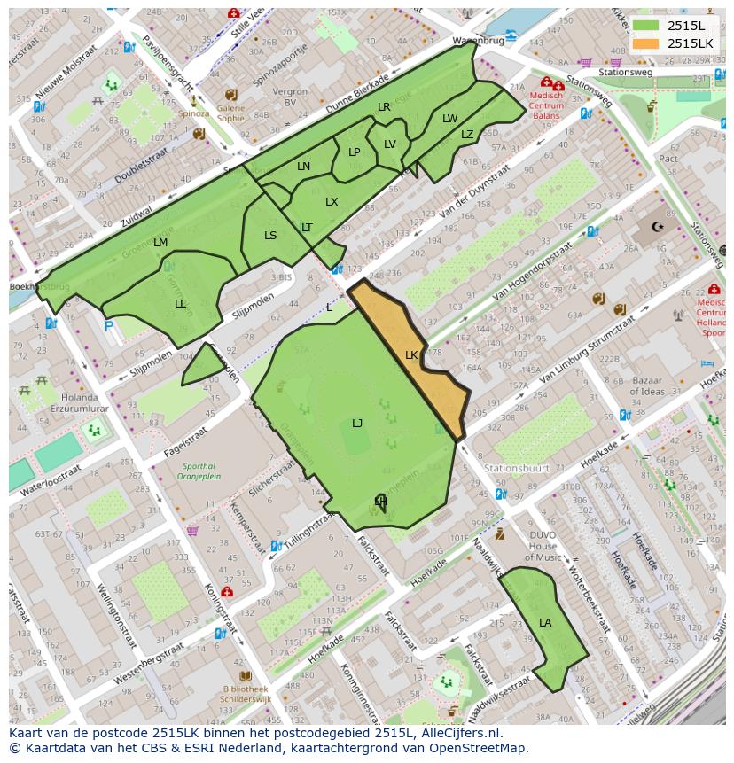 Afbeelding van het postcodegebied 2515 LK op de kaart.