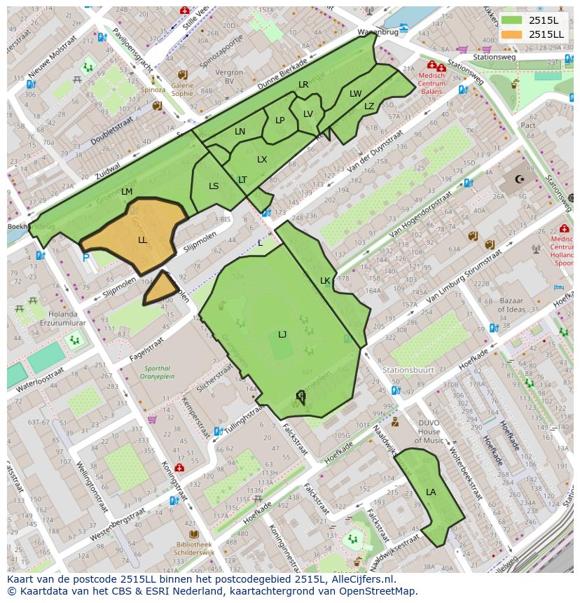 Afbeelding van het postcodegebied 2515 LL op de kaart.
