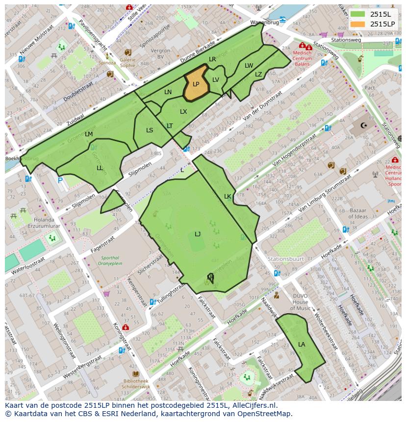 Afbeelding van het postcodegebied 2515 LP op de kaart.