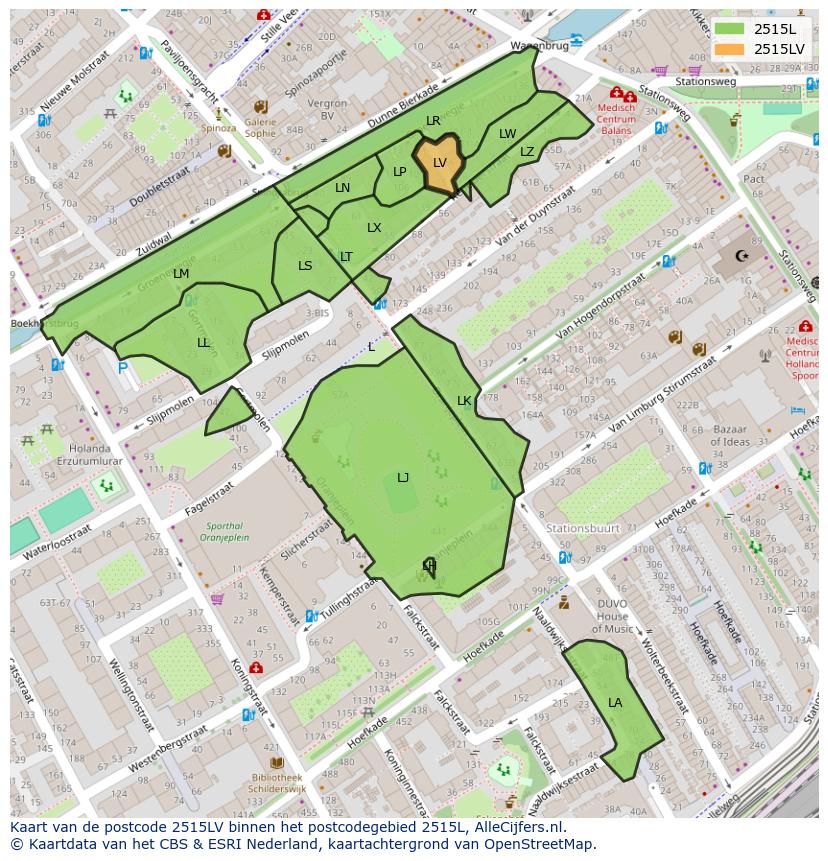 Afbeelding van het postcodegebied 2515 LV op de kaart.