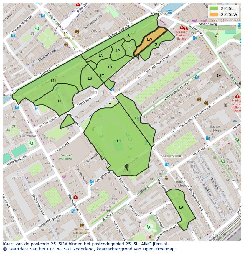 Afbeelding van het postcodegebied 2515 LW op de kaart.