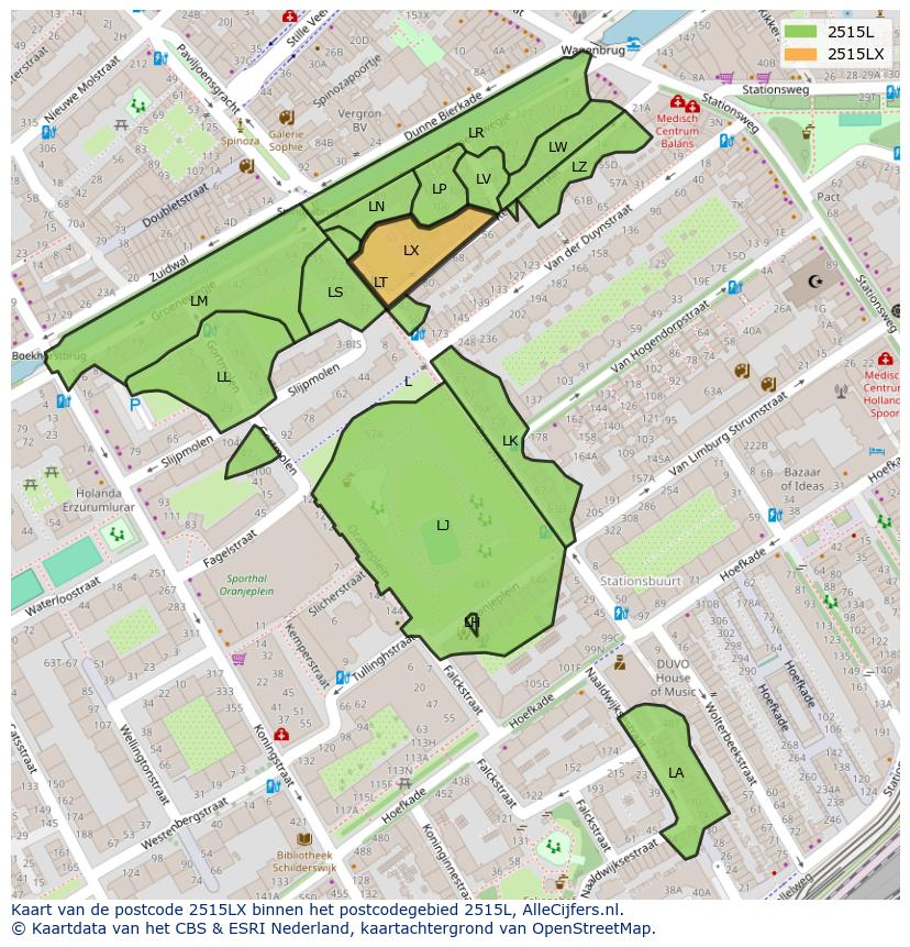 Afbeelding van het postcodegebied 2515 LX op de kaart.