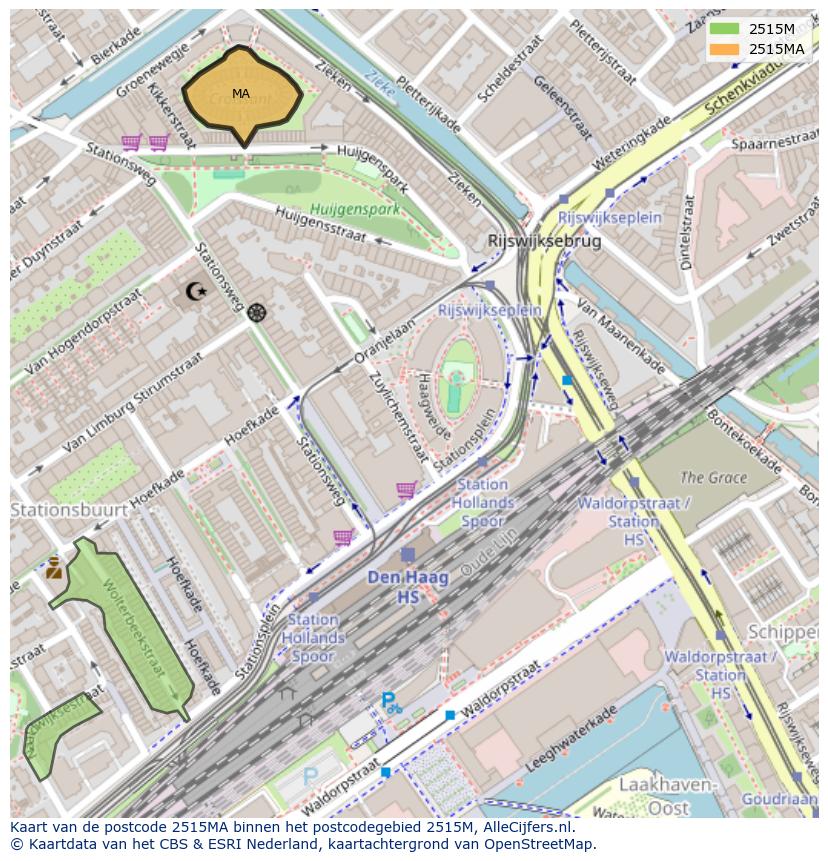 Afbeelding van het postcodegebied 2515 MA op de kaart.