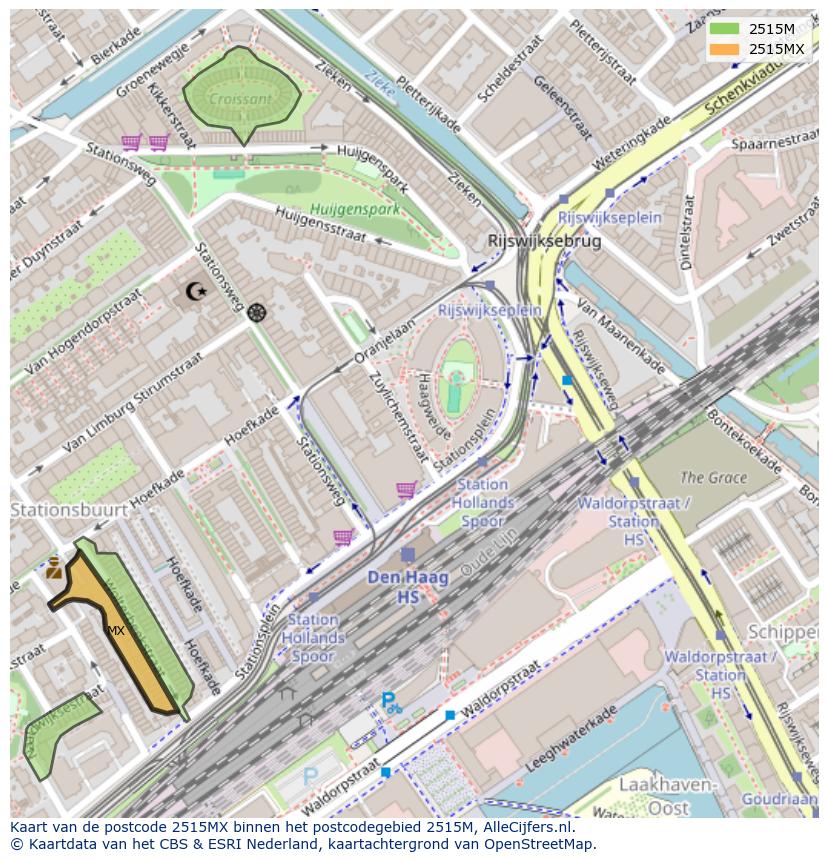 Afbeelding van het postcodegebied 2515 MX op de kaart.