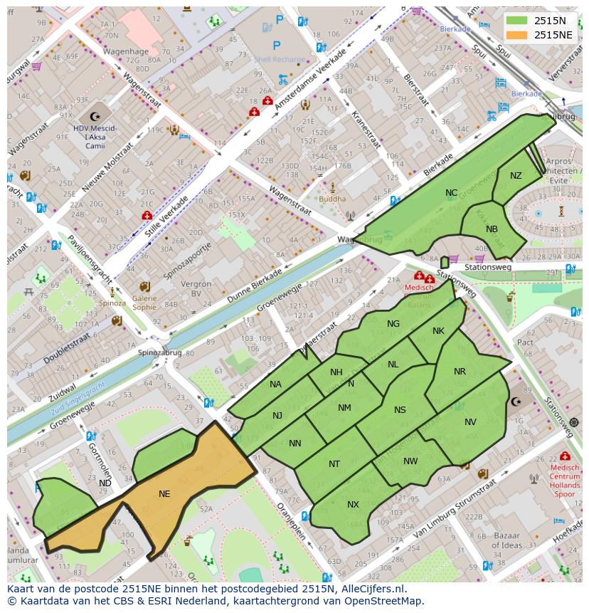 Afbeelding van het postcodegebied 2515 NE op de kaart.